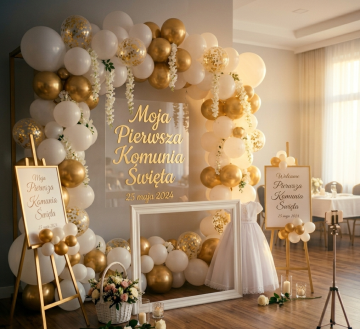 Wizualizacji dekoracji z balonów na Pierwszą Komunię Świętą Wizualizacja ścianki balonowej na Pierwszą Komunię Świętą