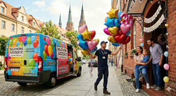 Dostawa balonów z helem przez Gaudeo na terenie Wrocławia - wizualizacja. Wizualizacja dostawy balonów z helem na terenie Wrocławia przez firmę Gaudeo.