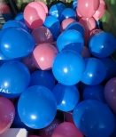 Balony z logo założone na patyczki.