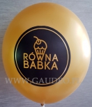 Złoty balon z czarnym nadrukiem logo.