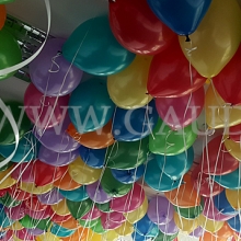 Balony helowe latają pod sufitem sali.