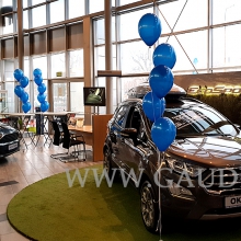 Balony z helem jako dekoracja salonu Forda.